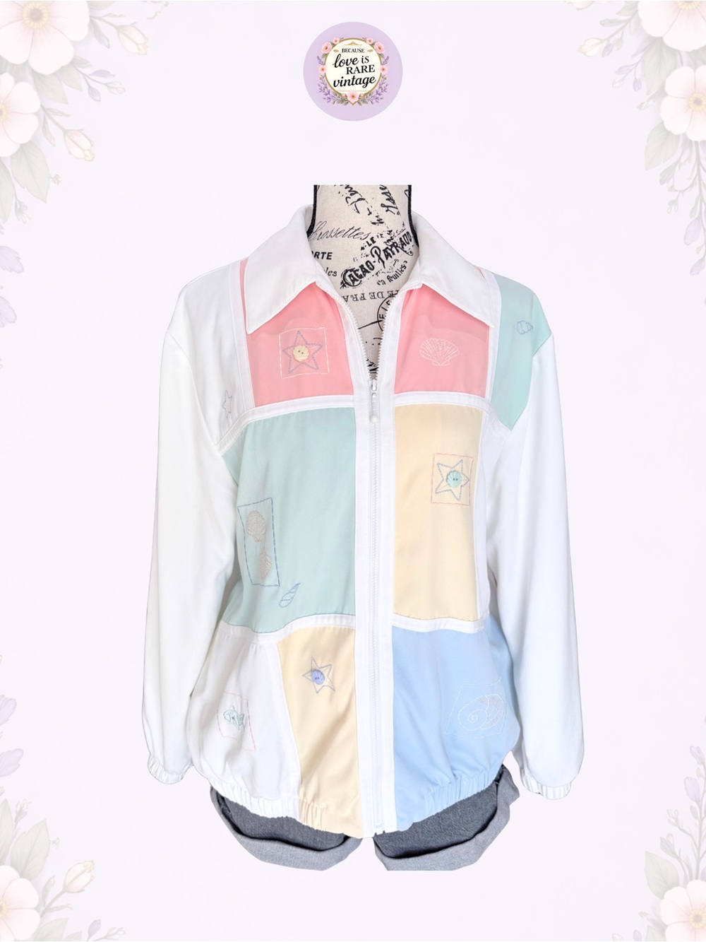 Vintage Windbreaker Jacket in White with Pastel Patchwork • 1990s Alfred Dunner